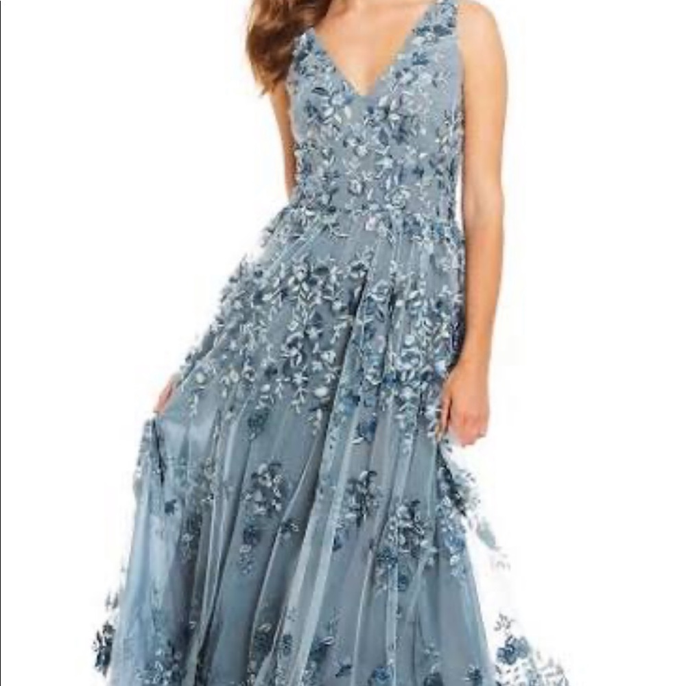David Meister blue sequin high low gown